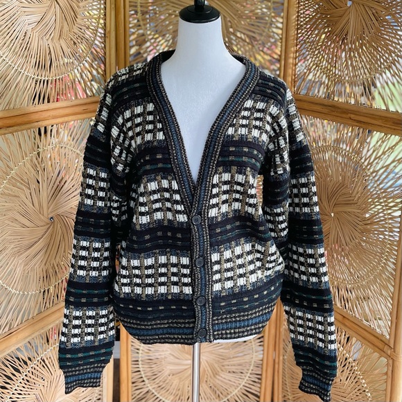 Vintage Knights Bridge Chunky Black Tan Blue Green Checkered V-Neck Cardigan - Picture 1 of 6